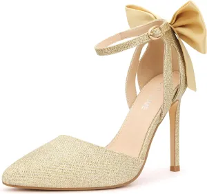 Carcuume Womens Bow Tie Back Heels Close Toe Pumps Stiletto High Heels Wedding Shoes Ankle Strap Heel Sandals