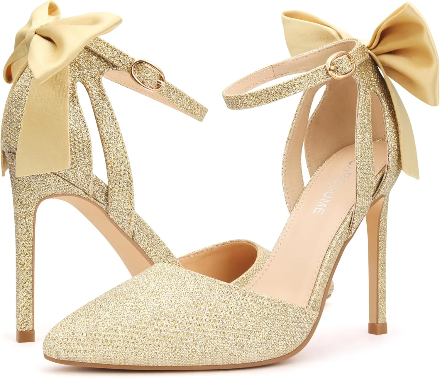 Carcuume Womens Bow Tie Back Heels Close Toe Pumps Stiletto High Heels Wedding Shoes Ankle Strap Heel Sandals