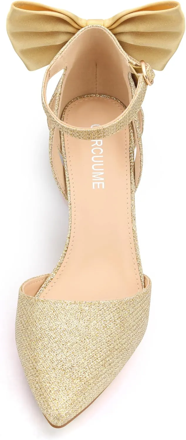 Carcuume Womens Bow Tie Back Heels Close Toe Pumps Stiletto High Heels Wedding Shoes Ankle Strap Heel Sandals