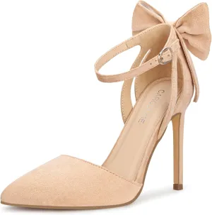 Carcuume Womens Bow Tie Back Heels Close Toe Pumps Stiletto High Heels Wedding Shoes Ankle Strap Heel Sandals