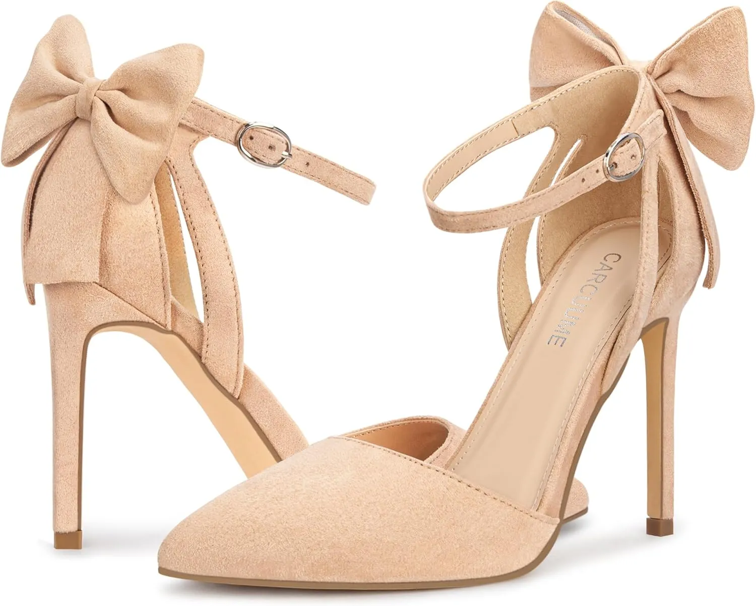 Carcuume Womens Bow Tie Back Heels Close Toe Pumps Stiletto High Heels Wedding Shoes Ankle Strap Heel Sandals