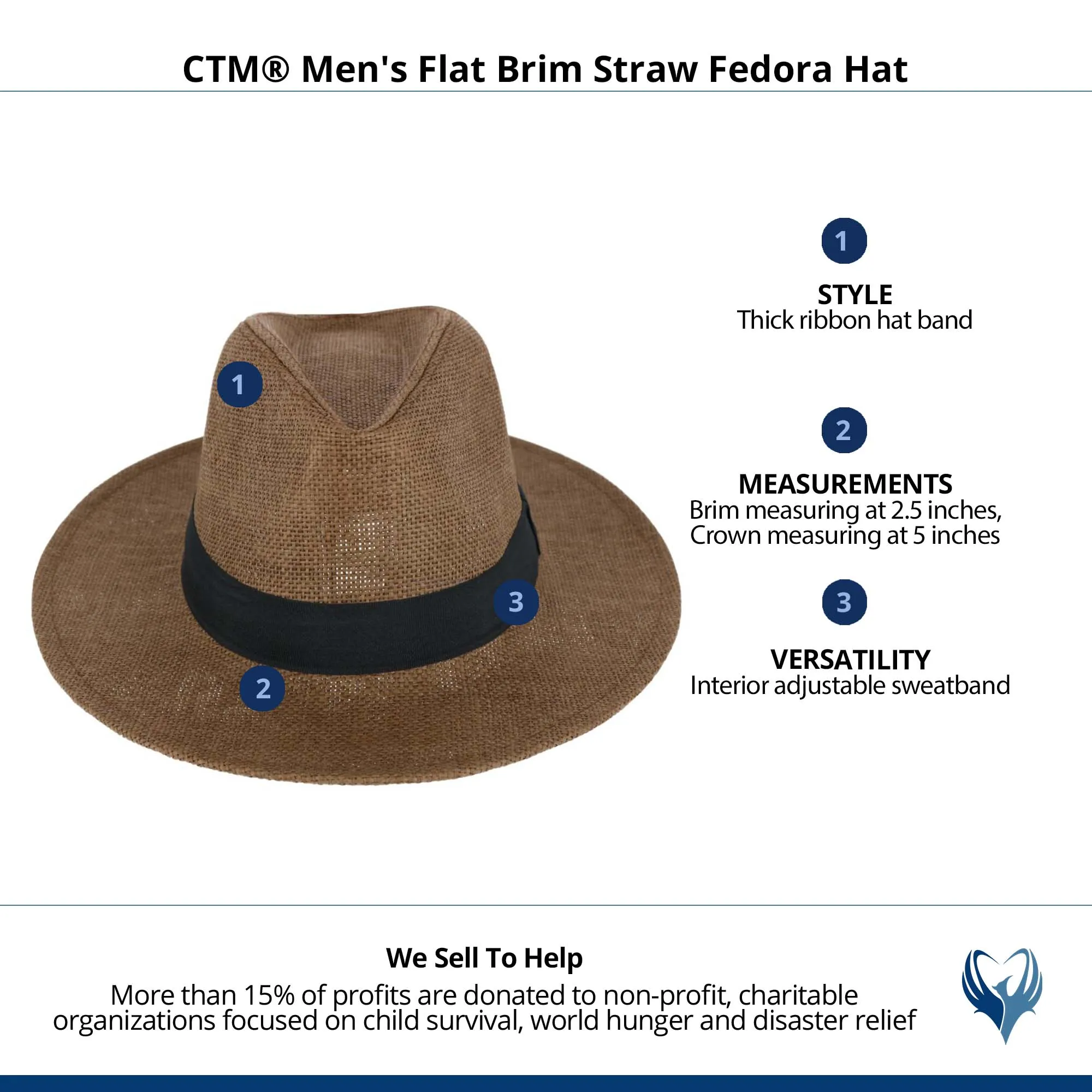 CTM® Men's Flat Brim Straw Fedora Hat