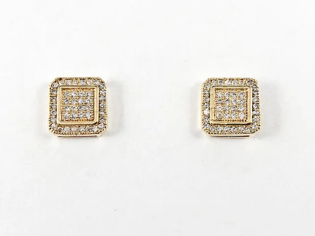 Elegant Fine Pave Style Settings Square Stud CZ Gold Tone Silver Earrings