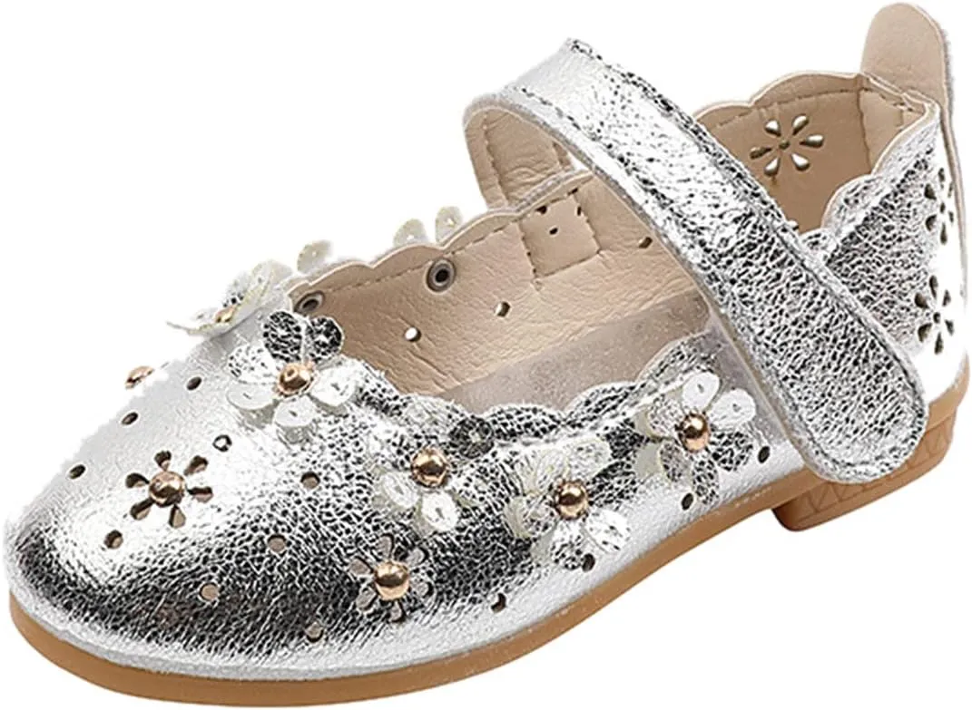 EnJoCho Girls Sandal Shoes Flower Shoes Hollow Flower Shoes Sandals Soft Sole Princess Sandals Baby Shoes 1-11 Years (Silver, 5.5 Years)