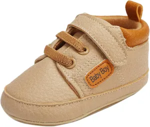 EnJoCho Toddler Baby Boys Girls Leather Ankle Sneakers Soft Anti-Slip Sole Infant Newborn Prewalker First Walking Crib Shoes (Khaki-6#, 6-9 Months)