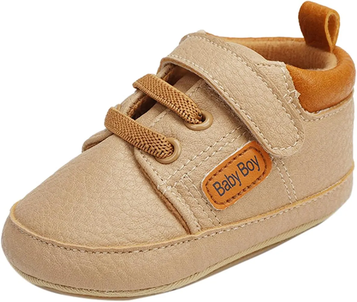 EnJoCho Toddler Baby Boys Girls Leather Ankle Sneakers Soft Anti-Slip Sole Infant Newborn Prewalker First Walking Crib Shoes (Khaki-6#, 6-9 Months)