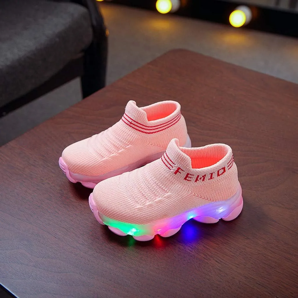 Fashion Trainers LED Breathable Stretch Fabric Sneakers for 1-6 Years Kids Toddler Baby Girls Boys Light Up Crib Shoes