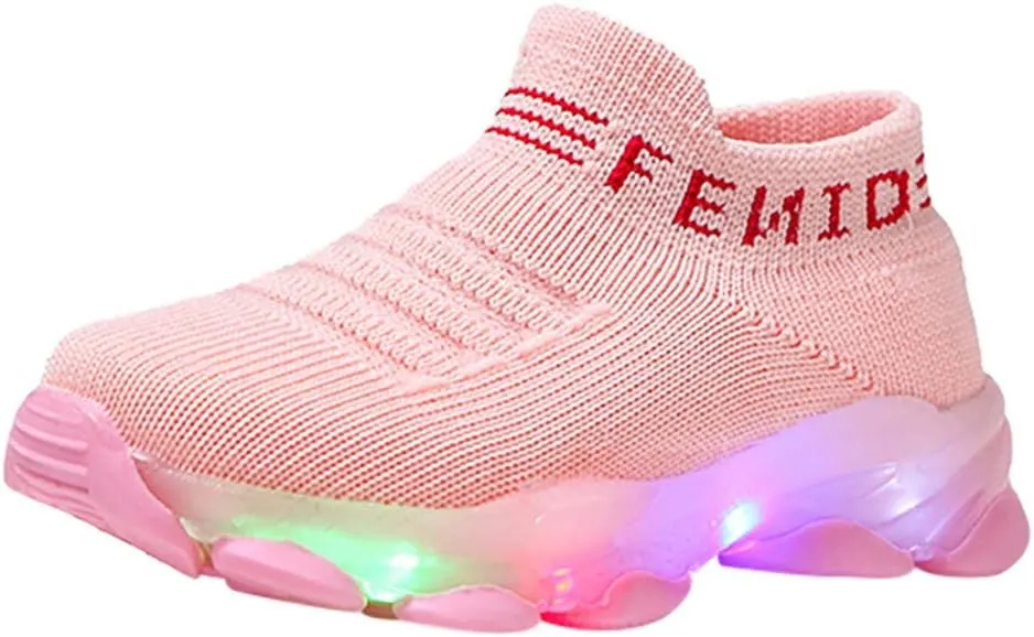 Fashion Trainers LED Breathable Stretch Fabric Sneakers for 1-6 Years Kids Toddler Baby Girls Boys Light Up Crib Shoes