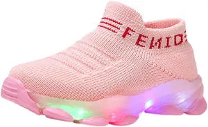 Fashion Trainers LED Breathable Stretch Fabric Sneakers for 1-6 Years Kids Toddler Baby Girls Boys Light Up Crib Shoes