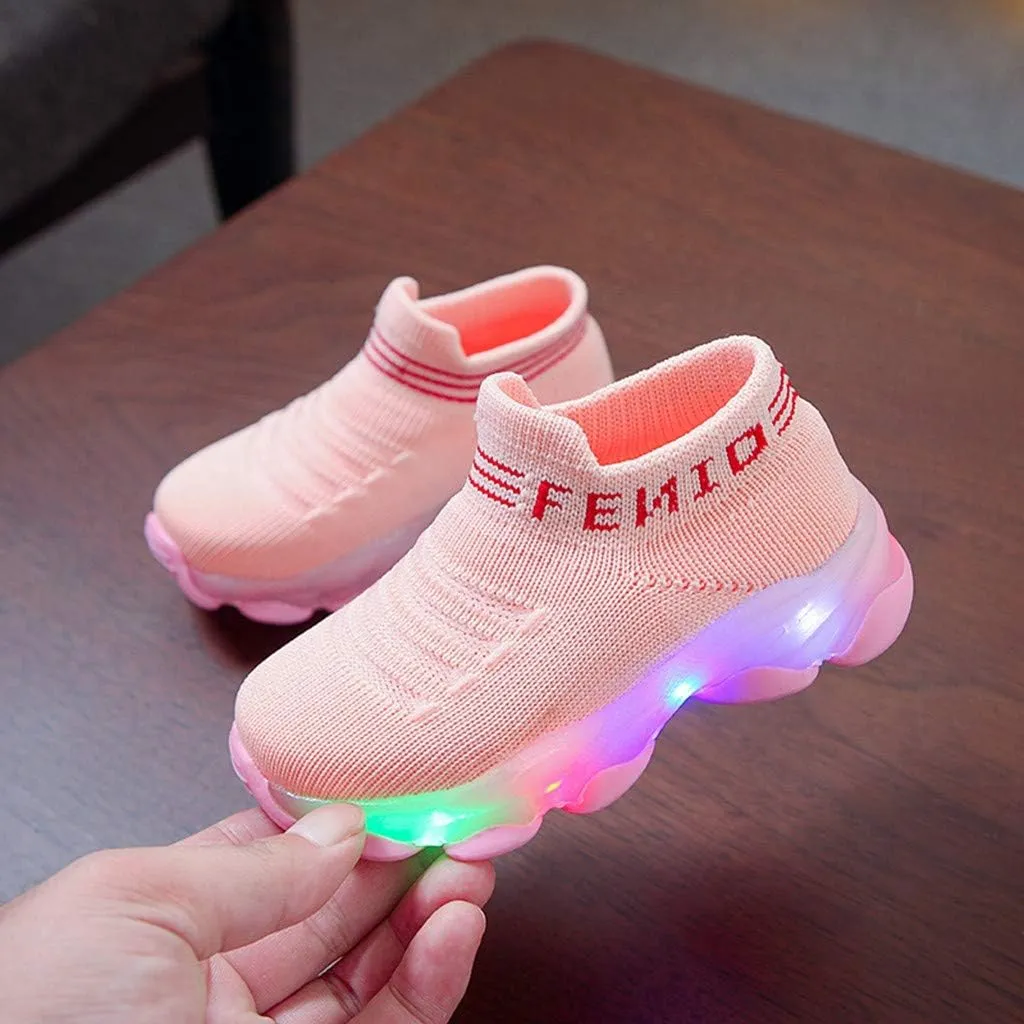 Fashion Trainers LED Breathable Stretch Fabric Sneakers for 1-6 Years Kids Toddler Baby Girls Boys Light Up Crib Shoes