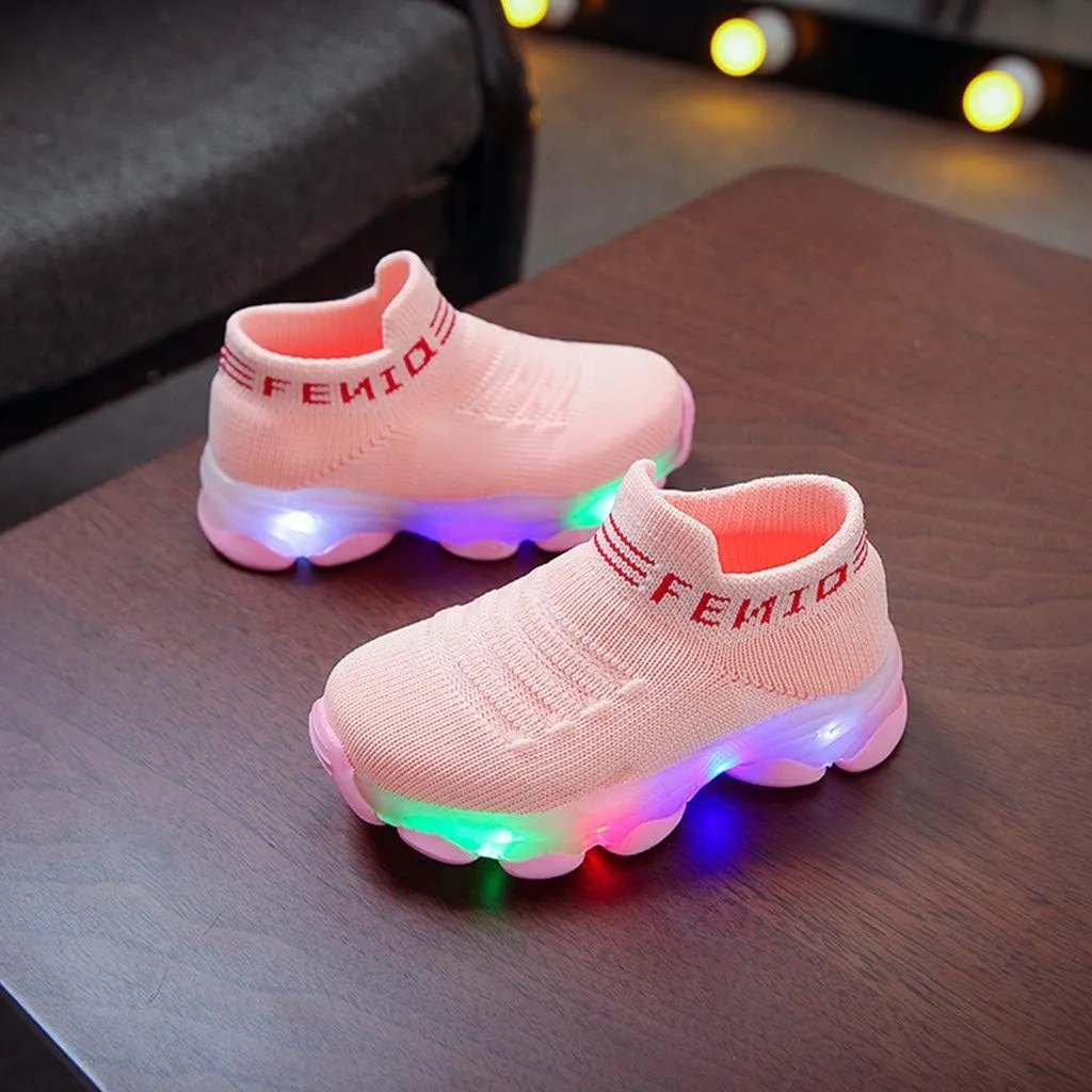 Fashion Trainers LED Breathable Stretch Fabric Sneakers for 1-6 Years Kids Toddler Baby Girls Boys Light Up Crib Shoes