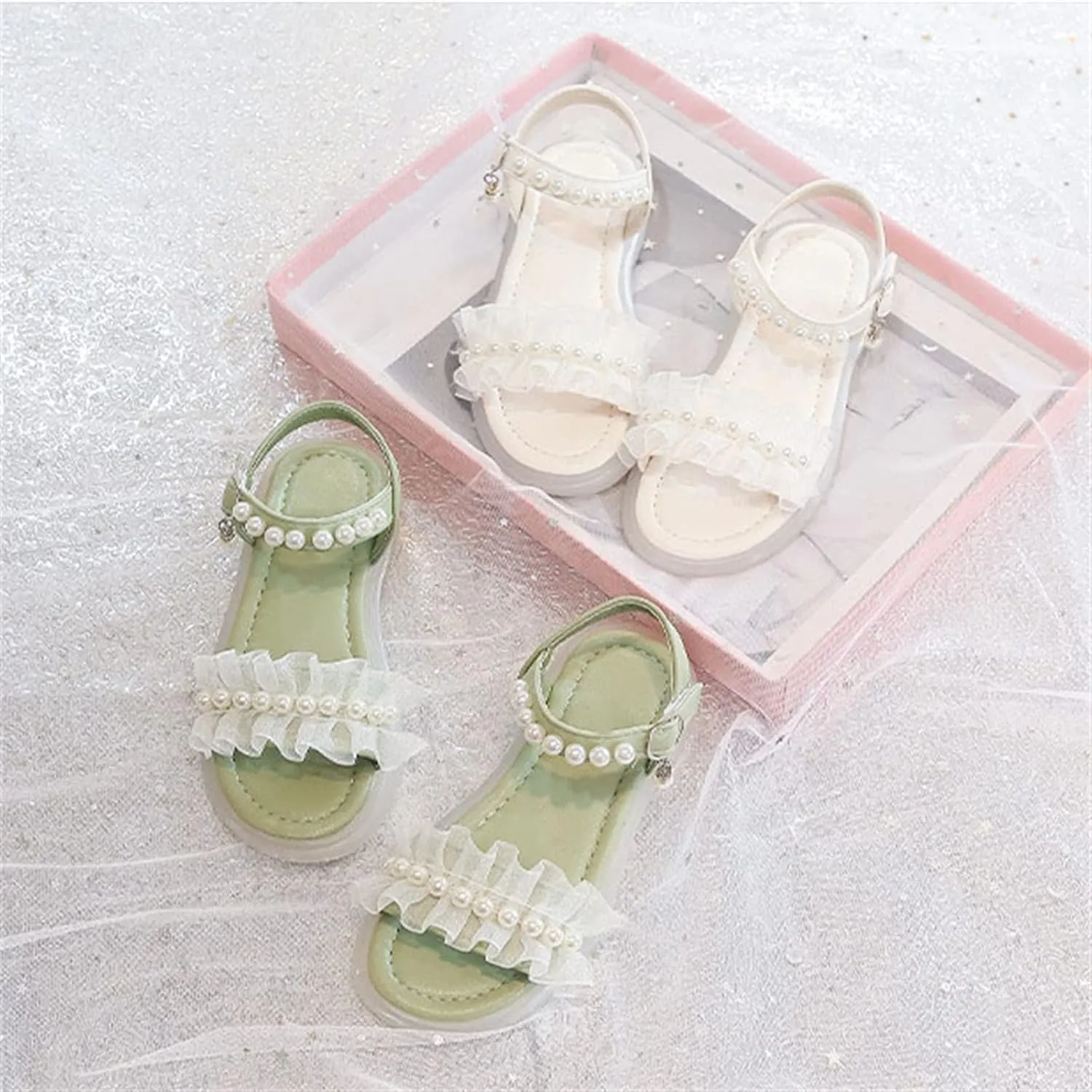 First Walkers Shoes Toddler Girls Eva Lace Sandals Summer Outdoor Open Toe Soft Rubber Sole Beach (Green, 4-4.5 Years)