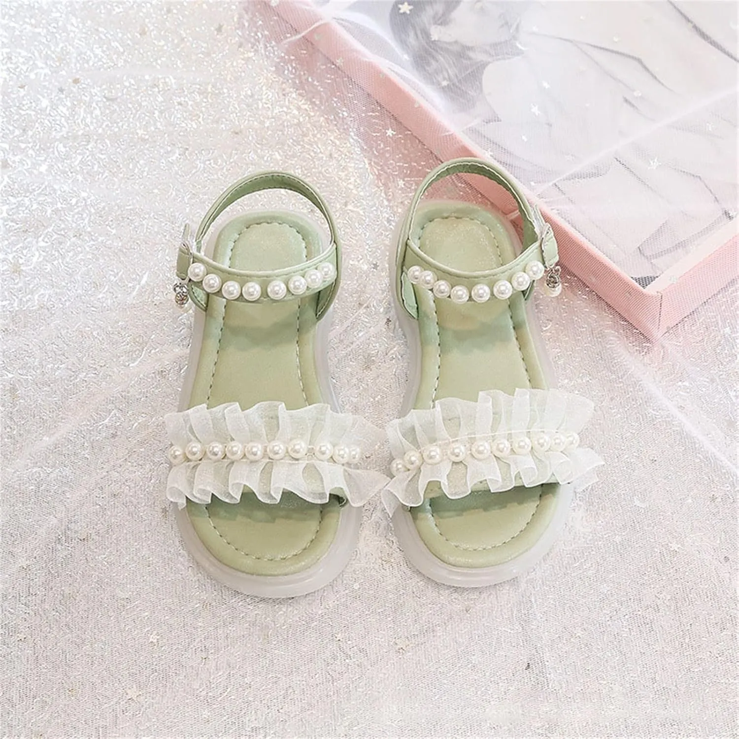 First Walkers Shoes Toddler Girls Eva Lace Sandals Summer Outdoor Open Toe Soft Rubber Sole Beach (Green, 4-4.5 Years)
