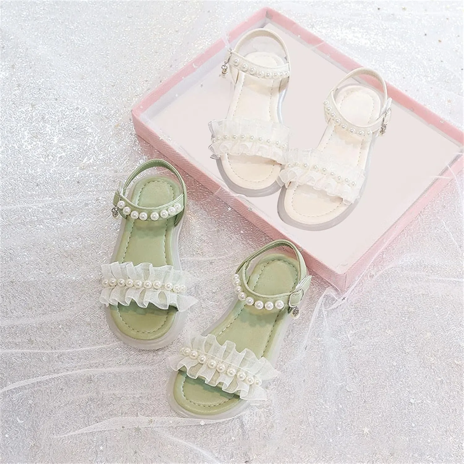 First Walkers Shoes Toddler Girls Eva Lace Sandals Summer Outdoor Open Toe Soft Rubber Sole Beach (Green, 4-4.5 Years)