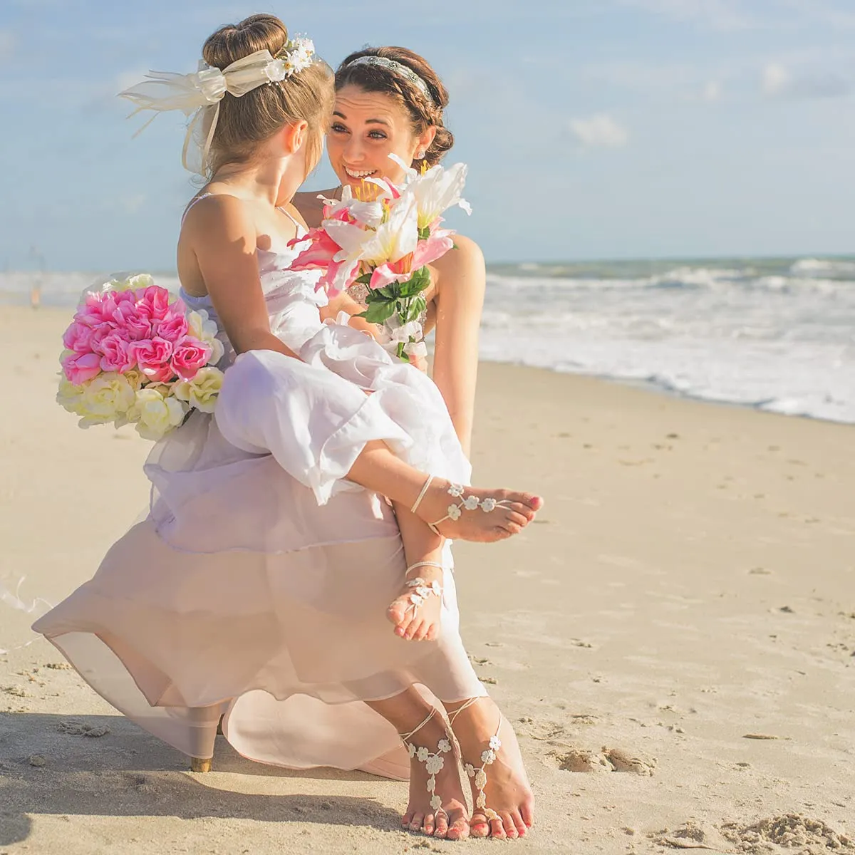 Flower Girl Barefoot Sandals, Baby Christening Shoes, Beach Wedding Foot Jewelry, Flower Girl Gift, First Birthday Shoes, Summer Beach Shoes, Mommy and Me (Ivory, XXS Baby size 5-10)