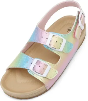 Girls Boys Sandal Adjustable Double Buckle Casual Flat Open Toe Lightweight Summer Shoes Hook Loop Sandal for Toddler Little Big Kid