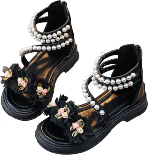 Girls Gladiator Strap Sandals Baby Kids Soft Sole Pearl Strap Flower Shoes Open Toe Low Heel Rhinestone Princess Flats