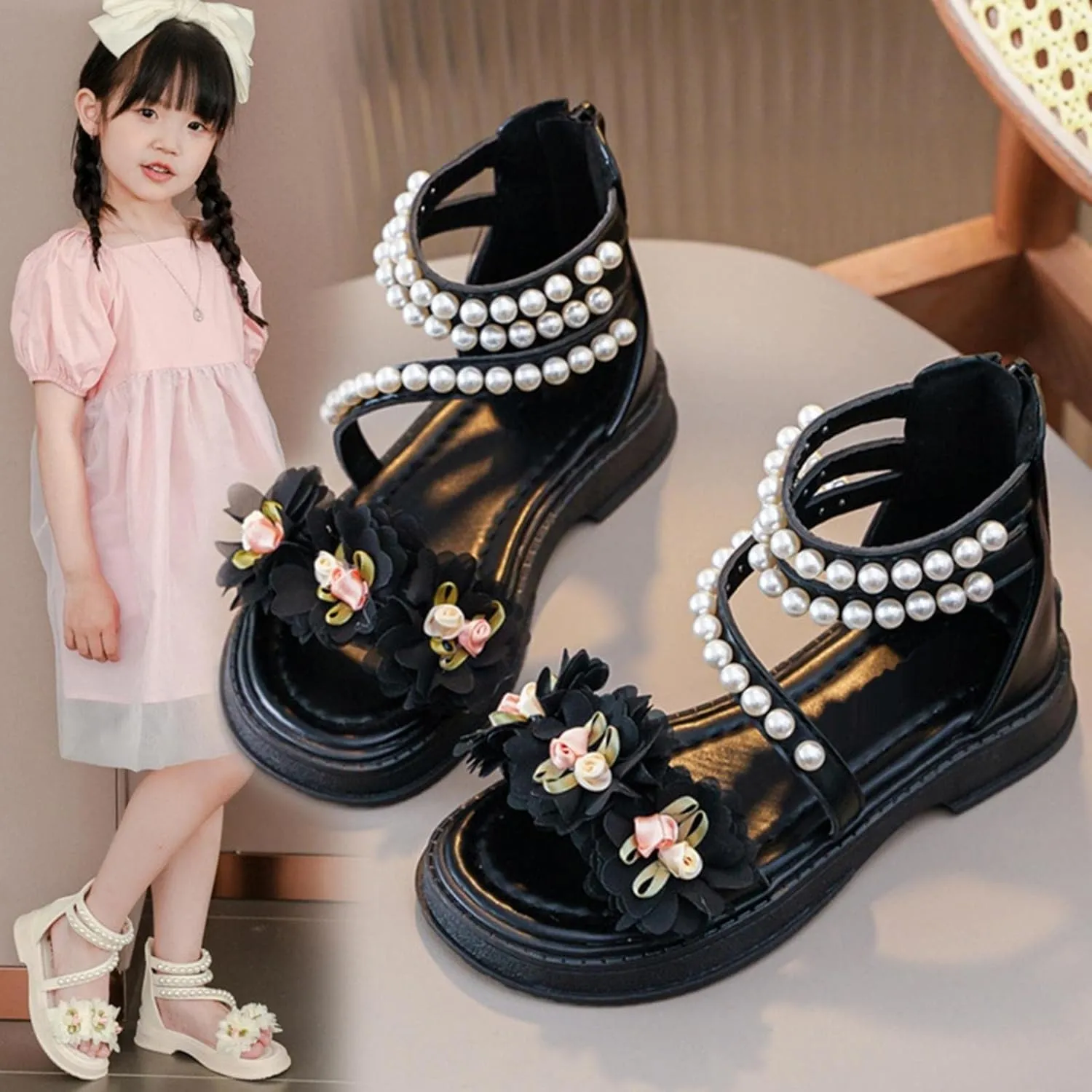Girls Gladiator Strap Sandals Baby Kids Soft Sole Pearl Strap Flower Shoes Open Toe Low Heel Rhinestone Princess Flats
