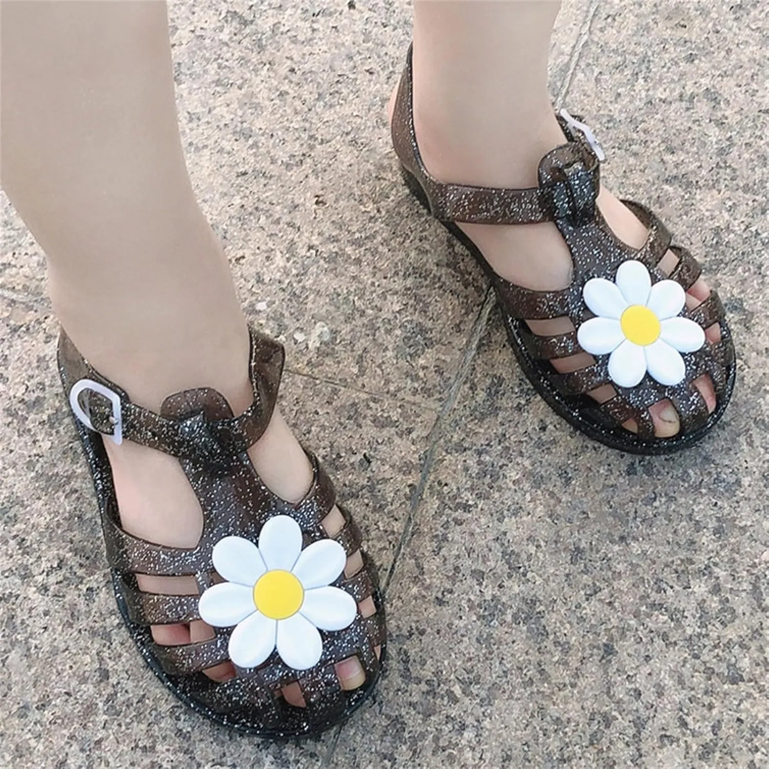 Girls Jelly Sandals Summer Princess Dress Flats Kids Soft Sole Breathable Water Proof Flower Pattern Walking Shoes