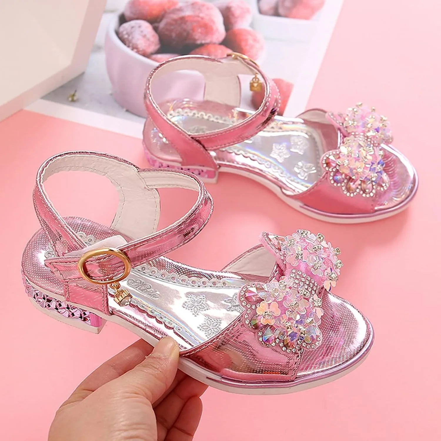 Girls Sandals Bow Pearl Sequins Pumps School Wedding Party Dress Shoes Open Toe T-Strap Low Heel Glitter Sandal