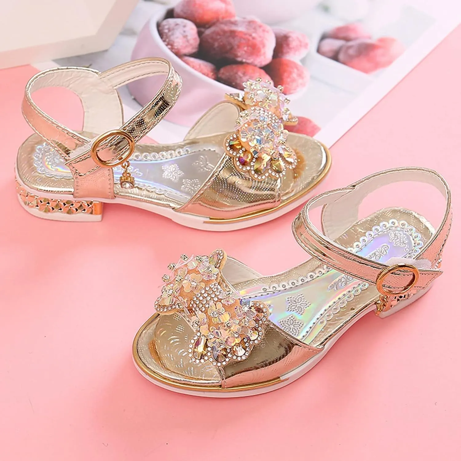 Girls Sandals Bow Pearl Sequins Pumps School Wedding Party Dress Shoes Open Toe T-Strap Low Heel Glitter Sandal
