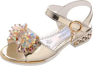 Girls Sandals Bow Pearl Sequins Pumps School Wedding Party Dress Shoes Open Toe T-Strap Low Heel Glitter Sandal