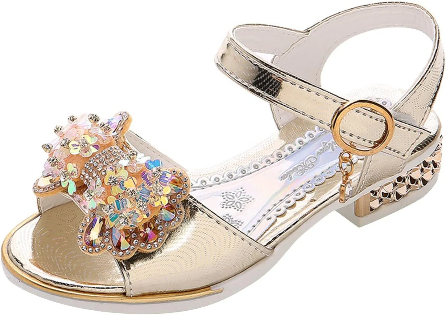 Girls Sandals Bow Pearl Sequins Pumps School Wedding Party Dress Shoes Open Toe T-Strap Low Heel Glitter Sandal
