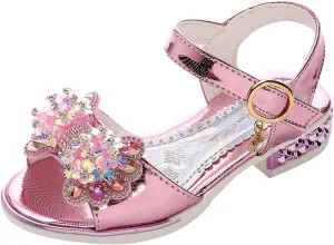 Girls Sandals Bow Pearl Sequins Pumps School Wedding Party Dress Shoes Open Toe T-Strap Low Heel Glitter Sandal
