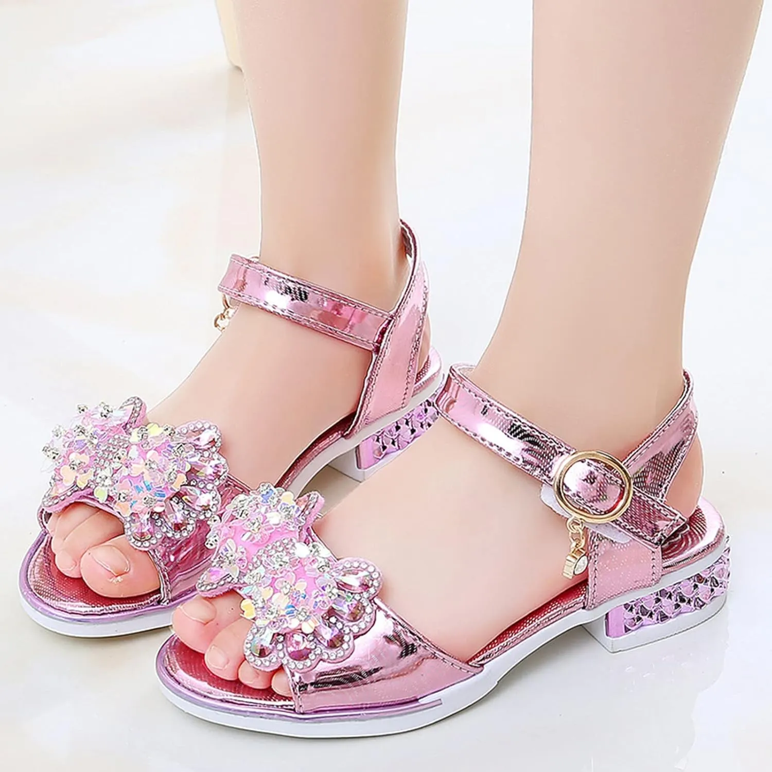Girls Sandals Bow Pearl Sequins Pumps School Wedding Party Dress Shoes Open Toe T-Strap Low Heel Glitter Sandal