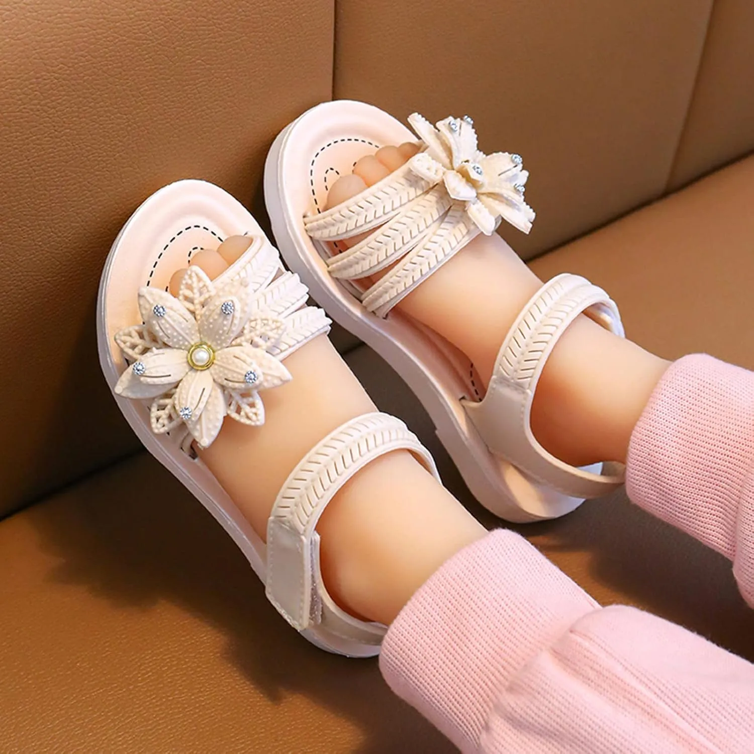 Girls' Sandals Open Toe Flower School Dress Shoes Anti-Slip Round Toe Rubber Flat Sandal For Toddler Kids