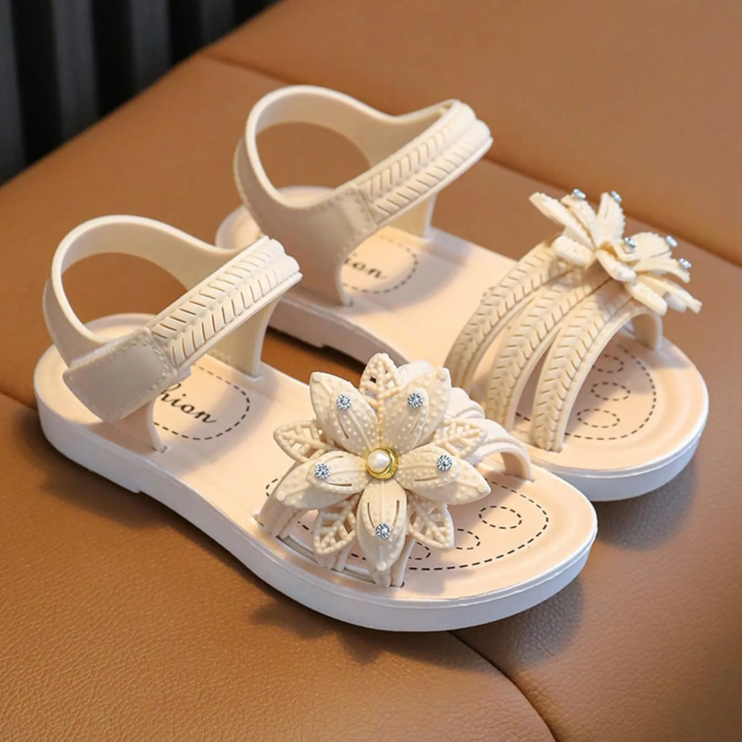 Girls' Sandals Open Toe Flower School Dress Shoes Anti-Slip Round Toe Rubber Flat Sandal For Toddler Kids
