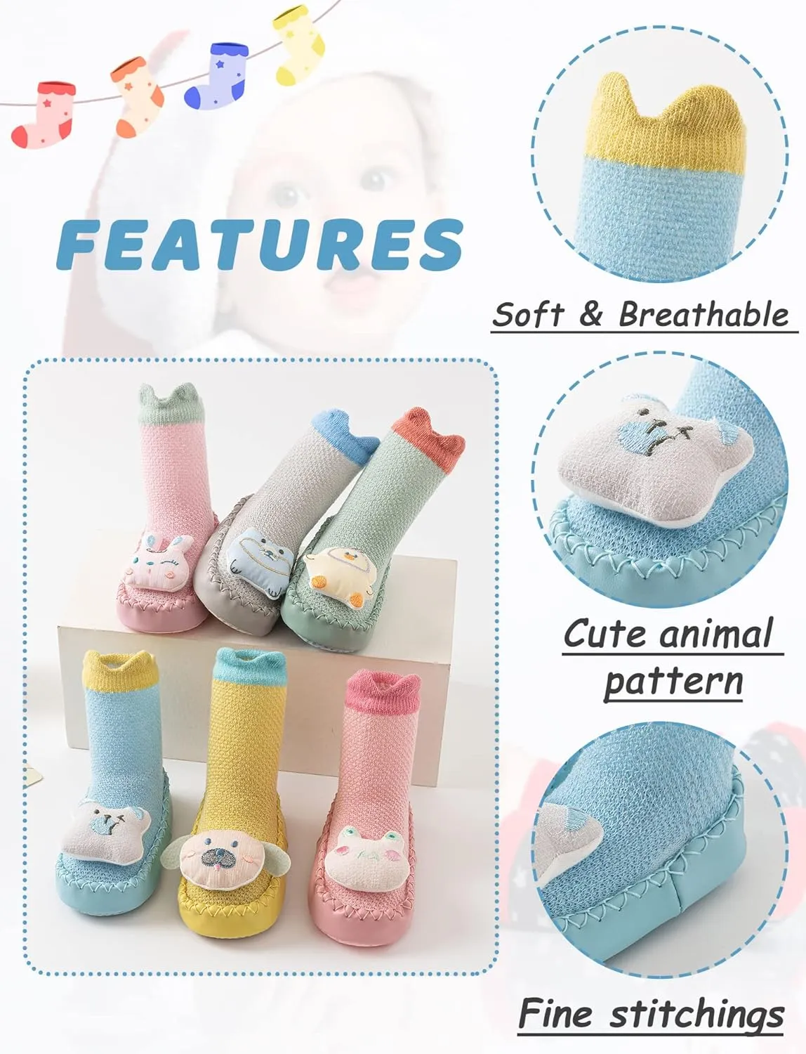 Happy Cherry 3 Pairs Baby Cotton Shoes Socks Anti-slip Cartoon Socks Toddlers Animal Indoor Slipper Summer Shoes Socks