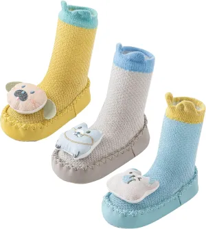 Happy Cherry 3 Pairs Baby Cotton Shoes Socks Anti-slip Cartoon Socks Toddlers Animal Indoor Slipper Summer Shoes Socks