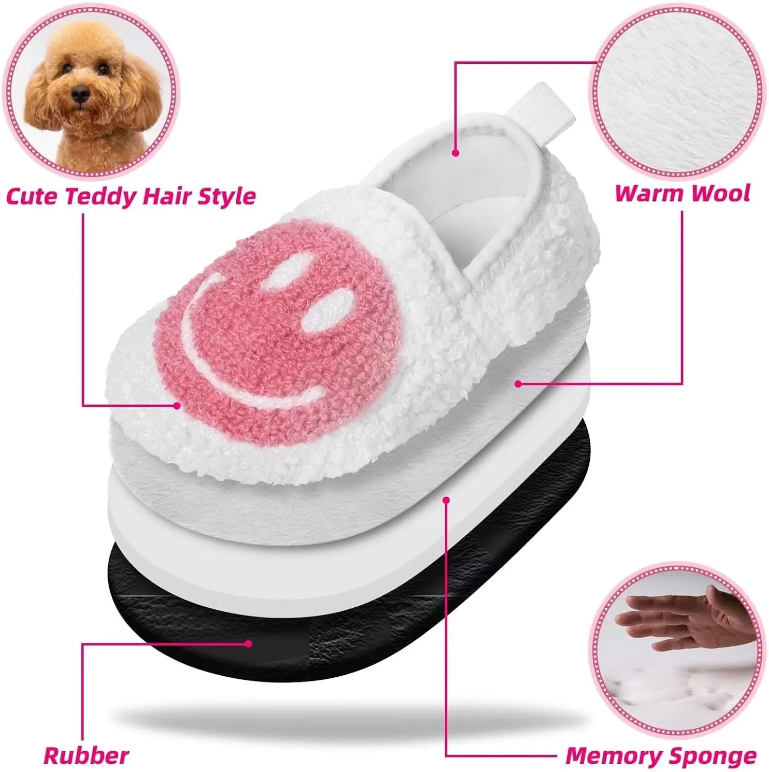 KEYUSHOP Smile Face Toddler Kids Slippers - Cute Soft Plush Non-Slip Rubber Sole Socks Shoes - Warm, Lightweight, Outdoor Walking Shoes