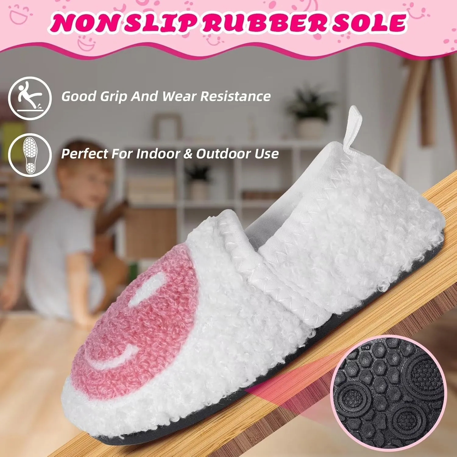 KEYUSHOP Smile Face Toddler Kids Slippers - Cute Soft Plush Non-Slip Rubber Sole Socks Shoes - Warm, Lightweight, Outdoor Walking Shoes