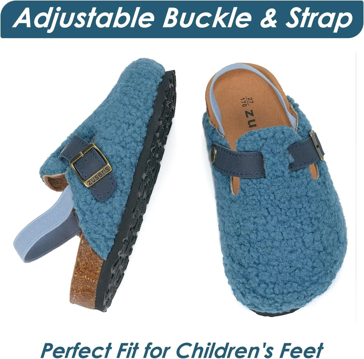 Kids Clogs Toddler Fuzzy Clog Slippers with Strap Boys Girls Cork Footbed Mules Classic Slip On Fleece Potato Shoes with Adjustable Buckle