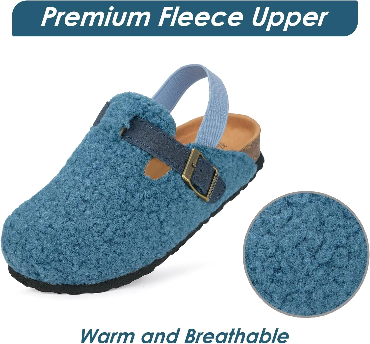 Kids Clogs Toddler Fuzzy Clog Slippers with Strap Boys Girls Cork Footbed Mules Classic Slip On Fleece Potato Shoes with Adjustable Buckle