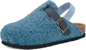 Kids Clogs Toddler Fuzzy Clog Slippers with Strap Boys Girls Cork Footbed Mules Classic Slip On Fleece Potato Shoes with Adjustable Buckle
