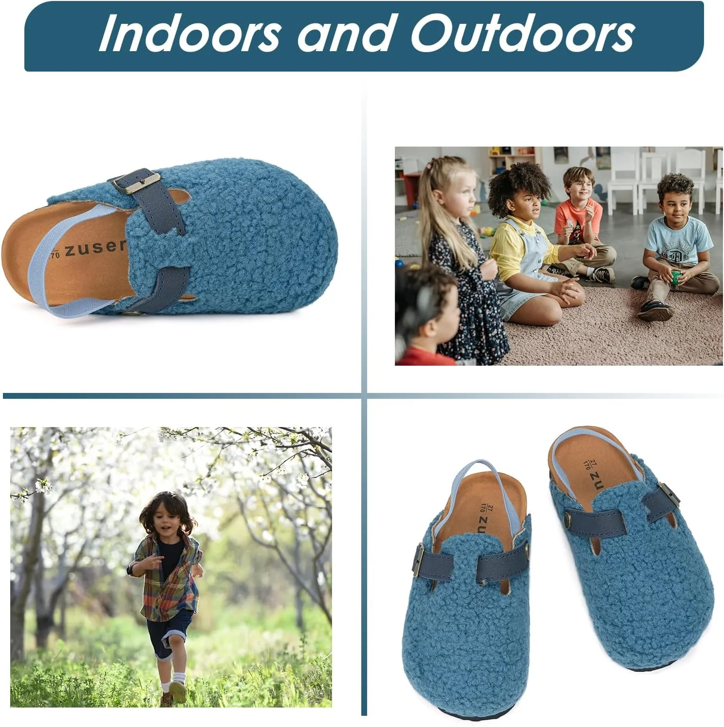 Kids Clogs Toddler Fuzzy Clog Slippers with Strap Boys Girls Cork Footbed Mules Classic Slip On Fleece Potato Shoes with Adjustable Buckle
