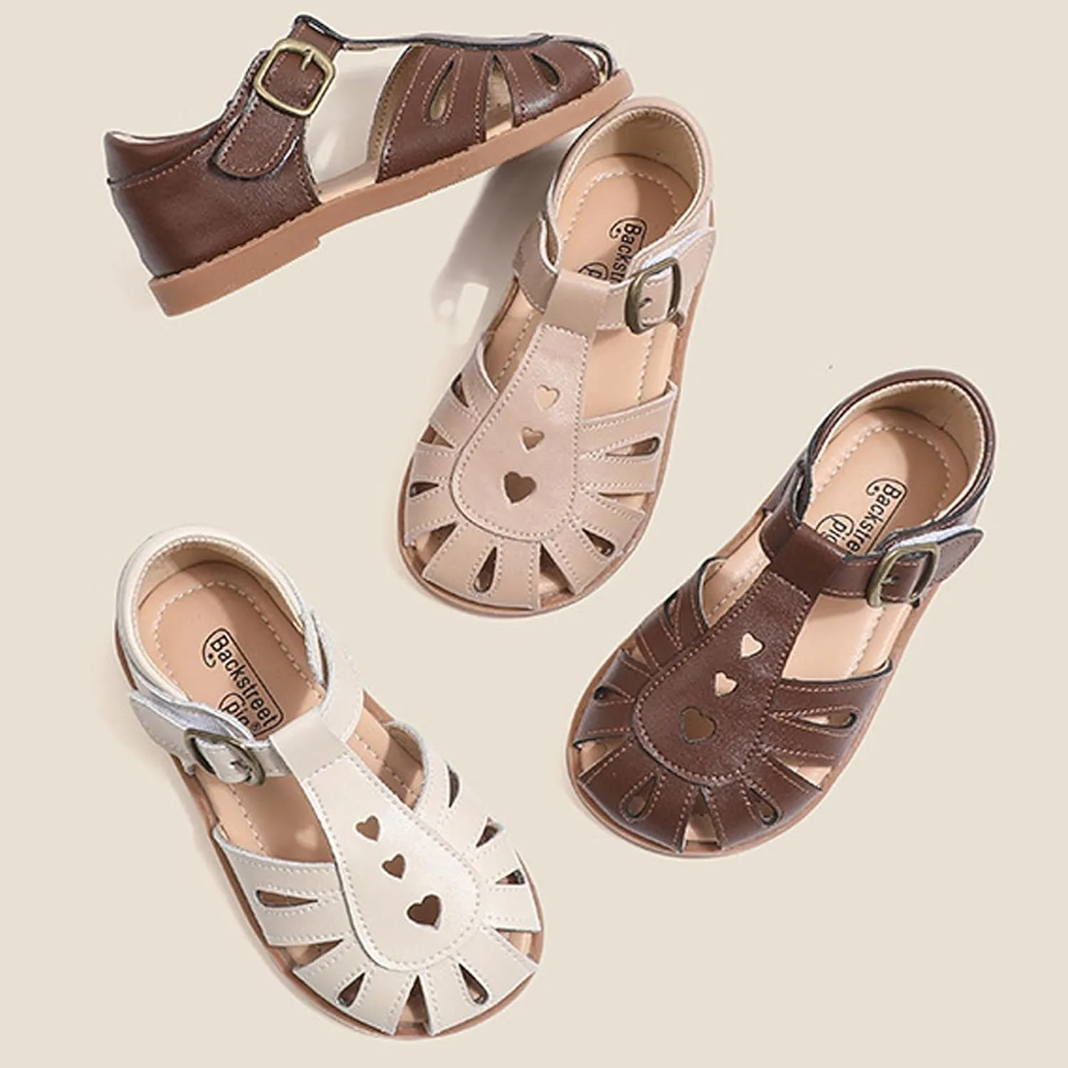 Little Girls T-Strap Hook&Loop Clsoed-Toe Dress Heart Summer School Sandals
