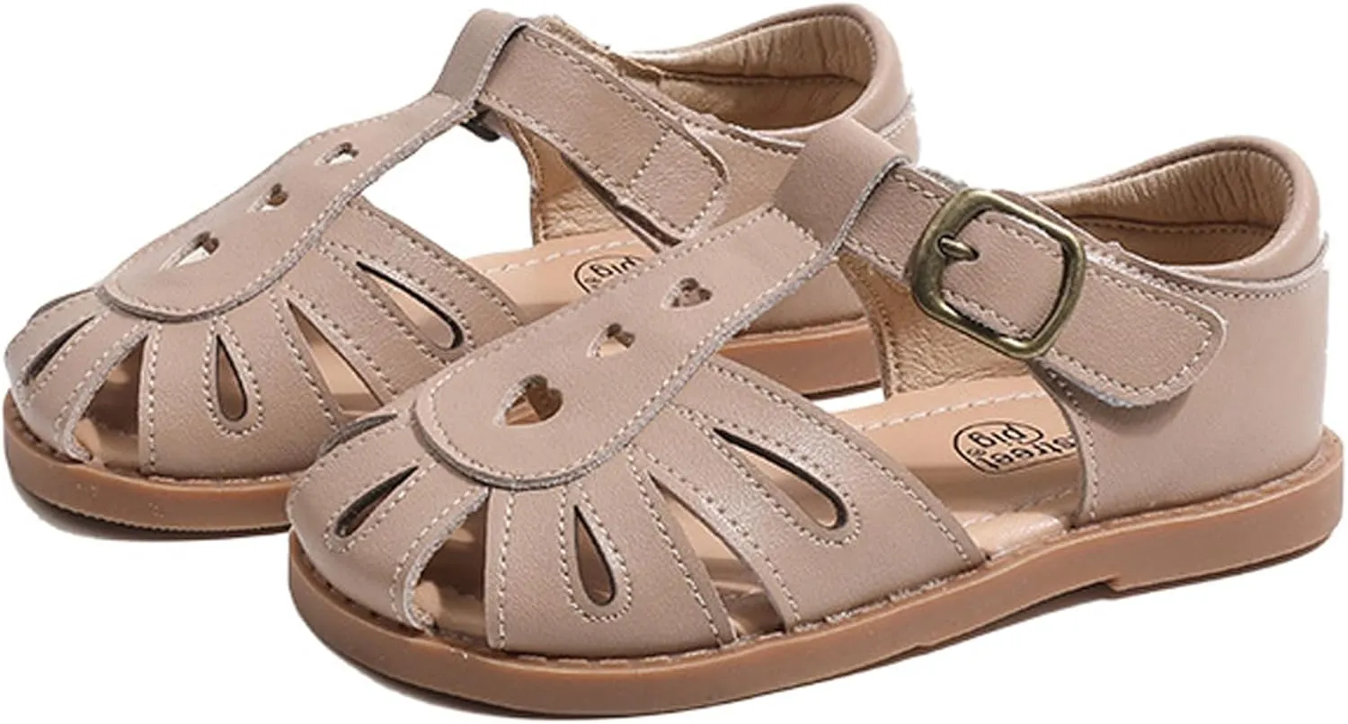 Little Girls T-Strap Hook&Loop Clsoed-Toe Dress Heart Summer School Sandals