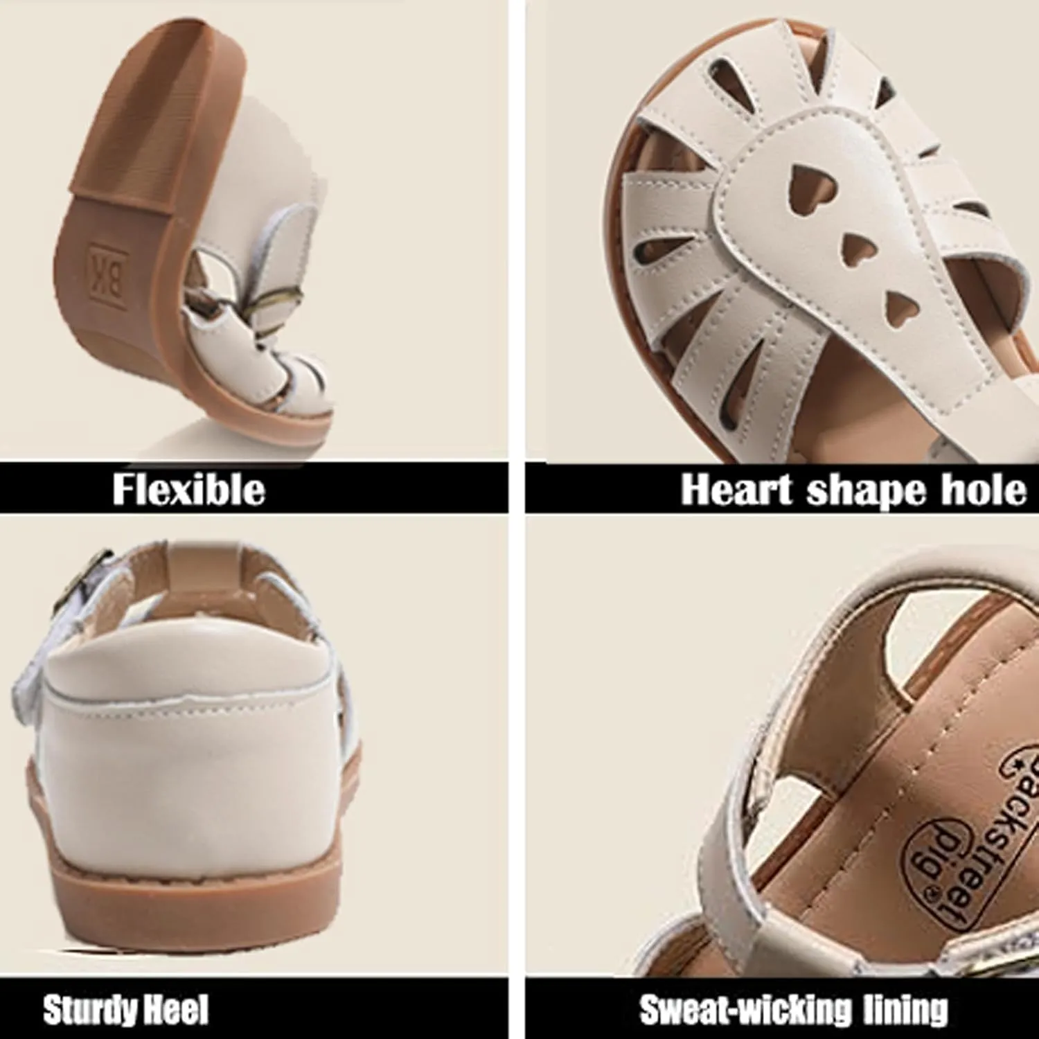 Little Girls T-Strap Hook&Loop Clsoed-Toe Dress Heart Summer School Sandals