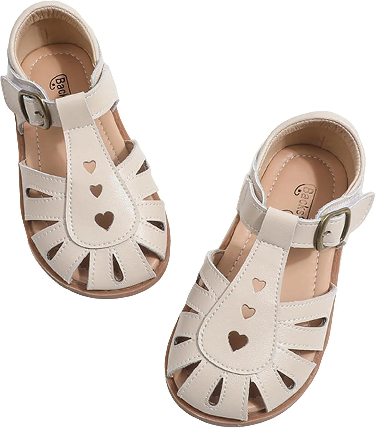 Little Girls T-Strap Hook&Loop Clsoed-Toe Dress Heart Summer School Sandals