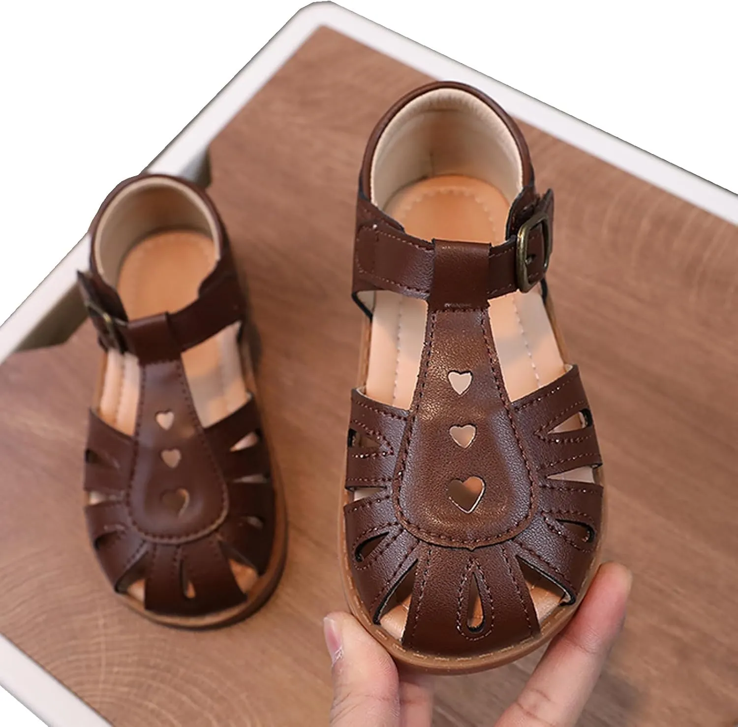 Little Girls T-Strap Hook&Loop Clsoed-Toe Dress Heart Summer School Sandals