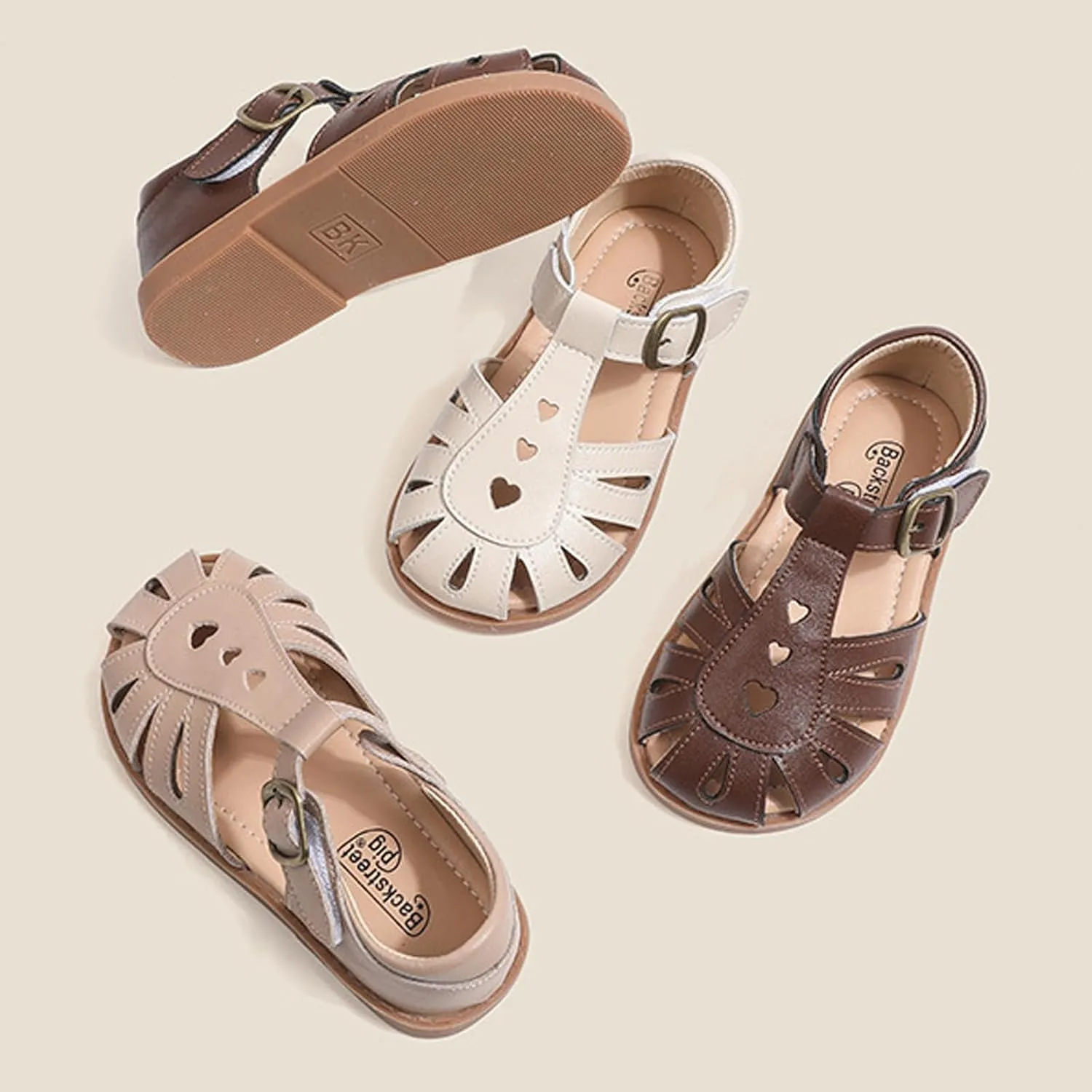 Little Girls T-Strap Hook&Loop Clsoed-Toe Dress Heart Summer School Sandals