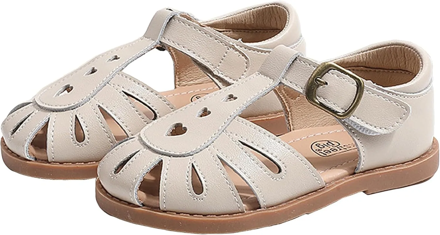 Little Girls T-Strap Hook&Loop Clsoed-Toe Dress Heart Summer School Sandals