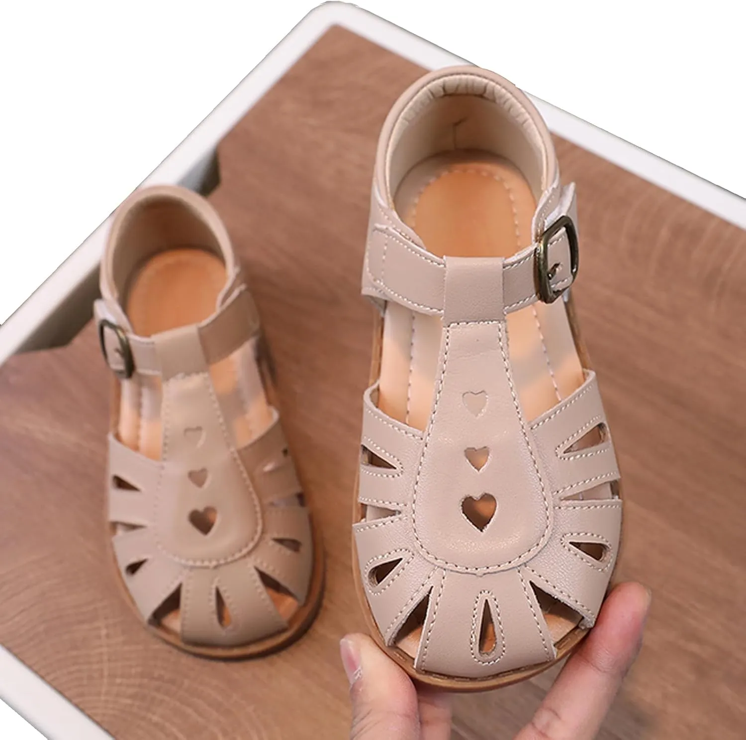 Little Girls T-Strap Hook&Loop Clsoed-Toe Dress Heart Summer School Sandals