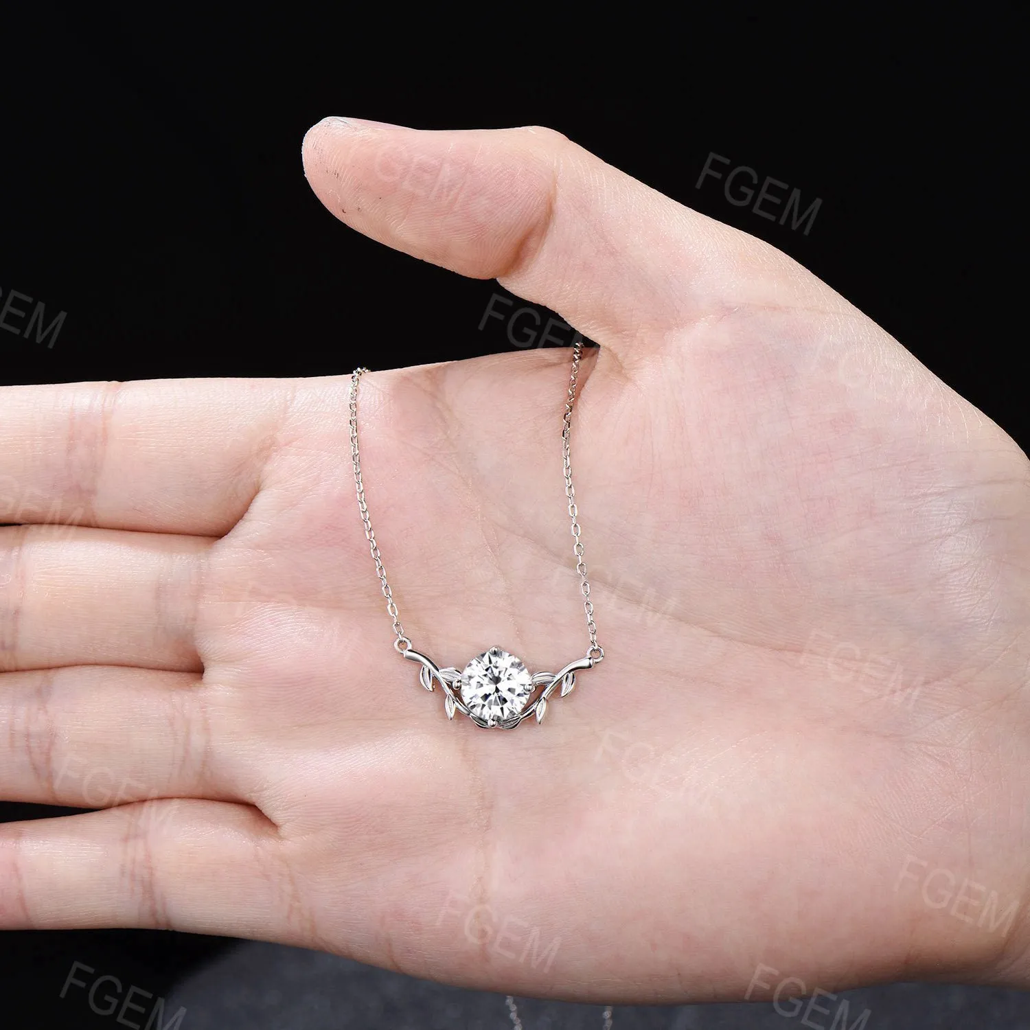 Nature Inspired 2ct Round Moissanite Necklace Tree Leaves Gemstone Pendant White Gold Colorless Moissanite Solitaire Necklace Wedding Gift