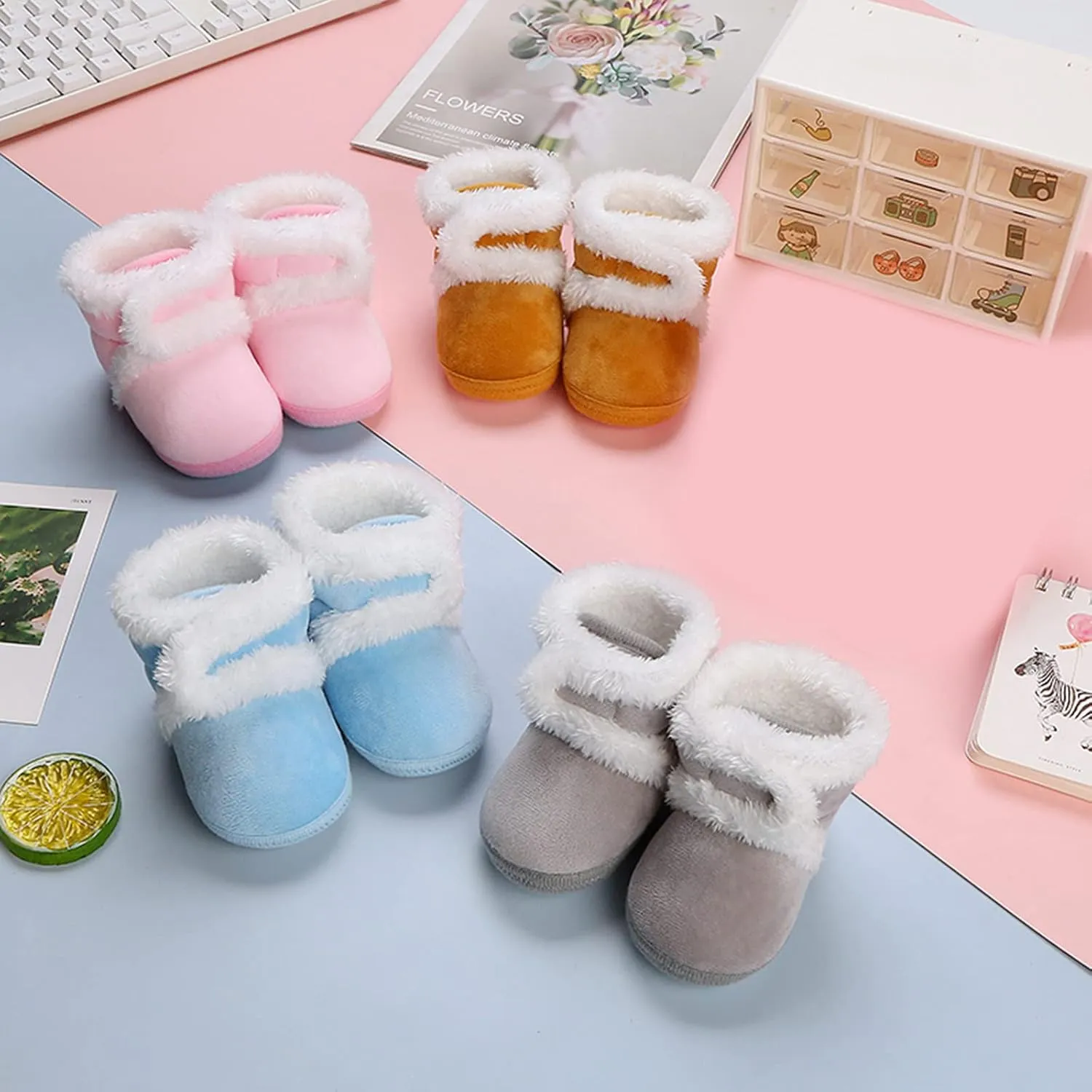 Newborn Baby Boots Ankle Snow Booties Cozy Fleece Socks Shoes with Grippers Stay On Slipper Infant Toddler Crib Shoes