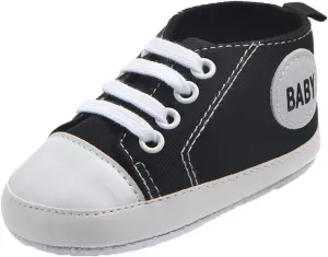 Newborn Baby Girls Boys Canvas Shoes Soft Sole Slip On High Top First Walking Sneaker Flat Lace up (Black, 6-9Months)